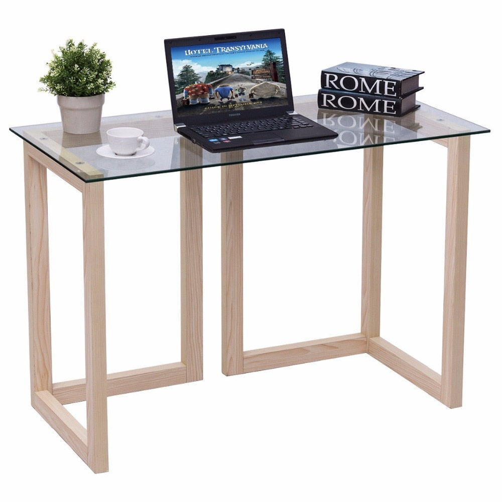 Giantex 44" Tempered Glass Top Console Desk Modern Living Room Sofa Accent Table Wood Entryway Glass Desk Home Furniture HW56040